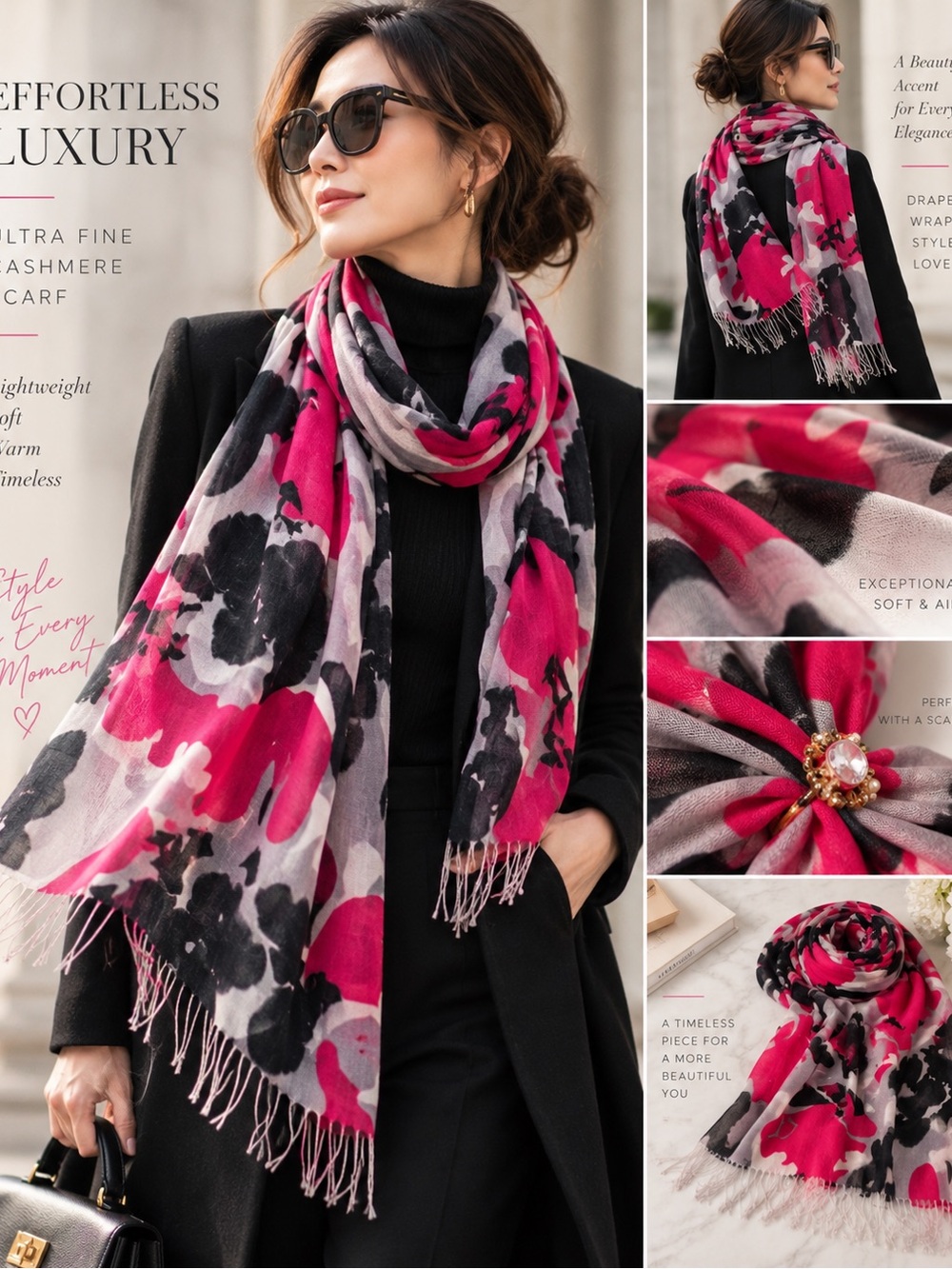 Ultra Fine Cashmere Scarf Abstract Floral Pink Black Gray Fringe